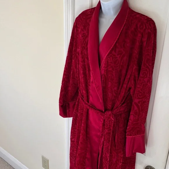 Velvet Burnout Satin Wrap Robe Long Shawl Collar Belt Pockets Women M Red Floral - Picture 4 of 17